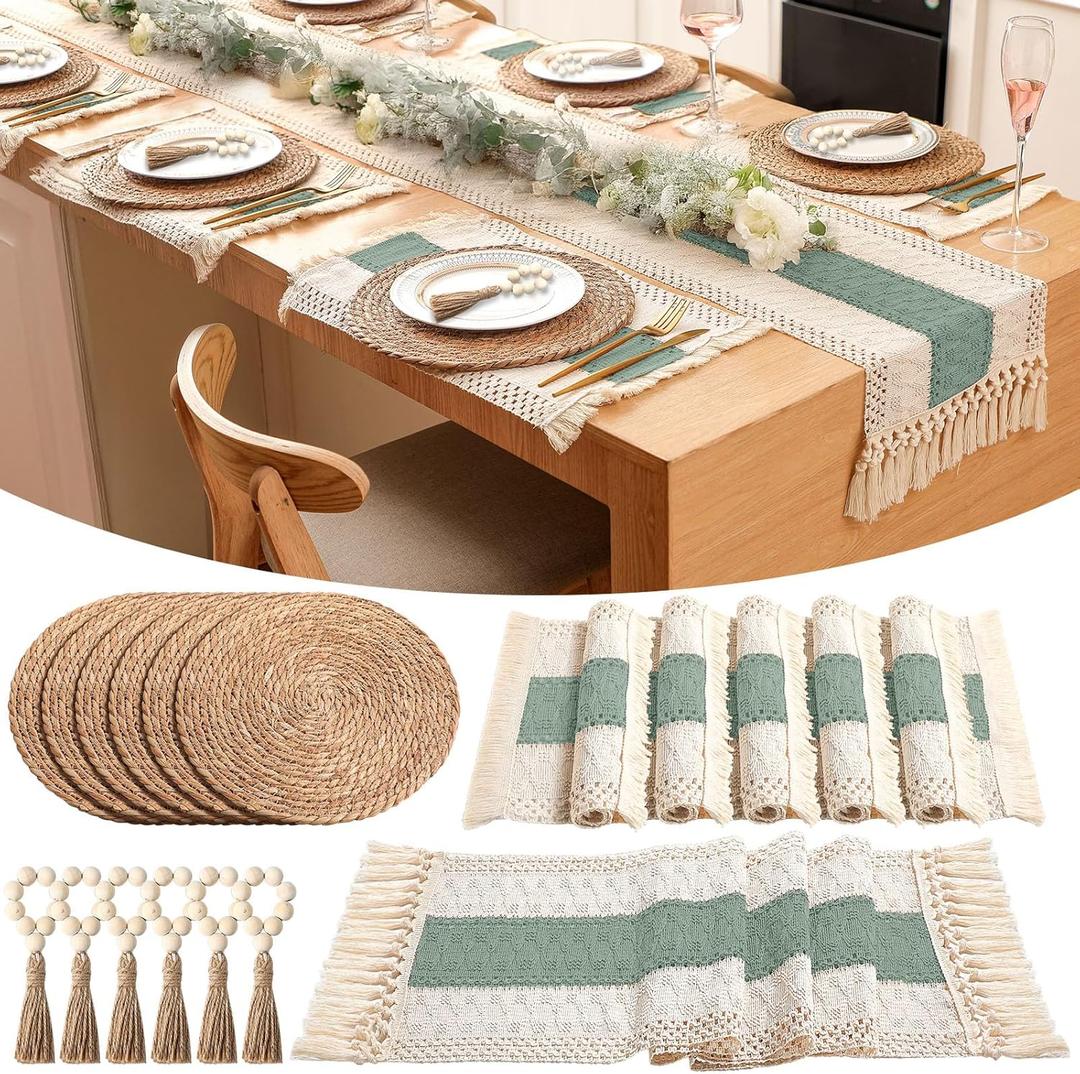 Set of 6 Table Runner and Placemats Boho Napkin Rings, Farmhouse Macrame Table Runner Rustic Round Woven Decorative Place Mats for Bohemian Kitchen Dining Tables Decor (Green)