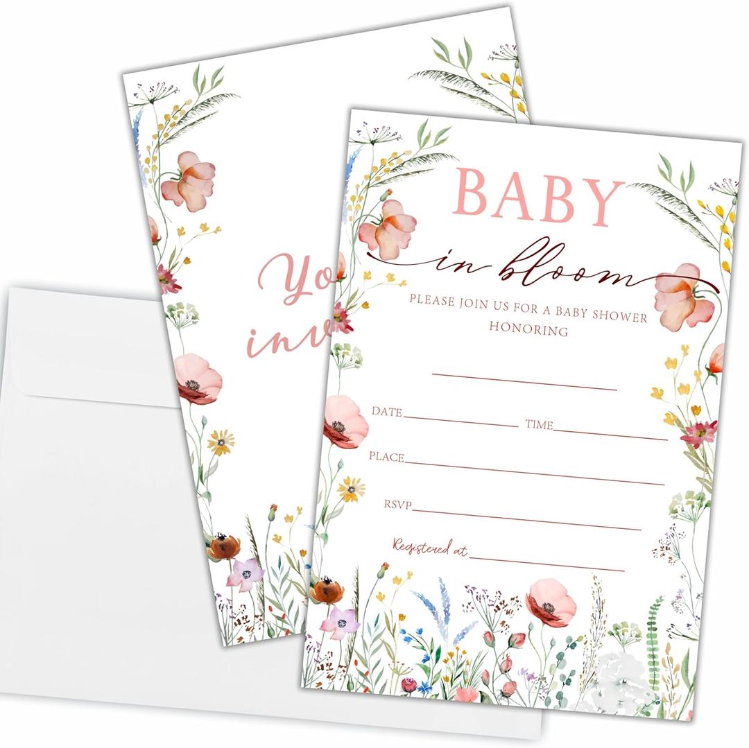 Baby Shower Invitations with envelopes, 25 Wildflower baby shower invites for gender reveal, Newborn announcement invitation card, neutral fill in style invitation , party favor & decoration -B18