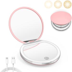 Compact Mirror with Light, 1X/3X Magnification LED Pocket Mirror with USB Data Cable,Mini Mirror for Purse, Pocket,Travel and Present (Pink)