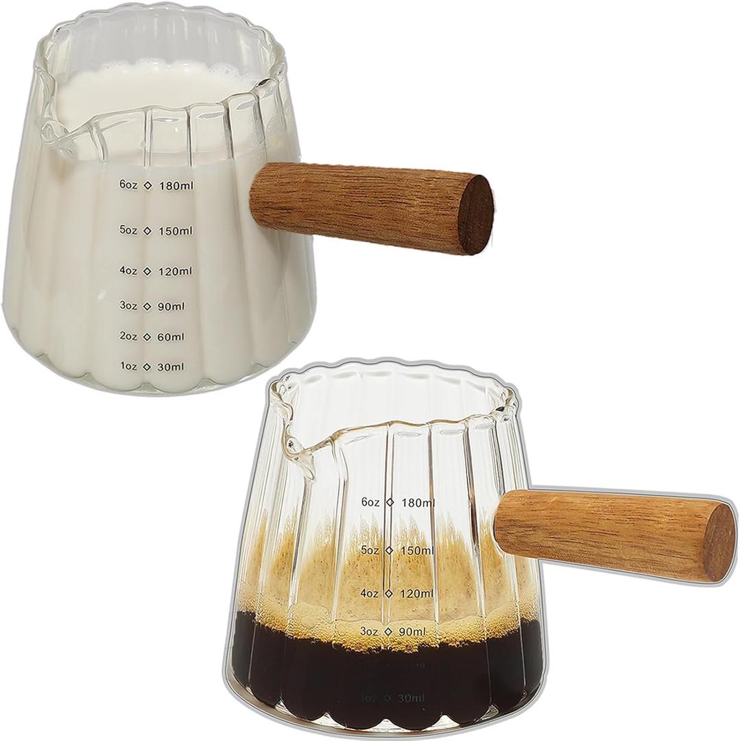 2-Pack Espresso Cups 6OZ, Espresso Accessories, Expresso Shots Cup, Espresso Shot Glass with V-Shaped Mouth, Ribbed Milk Frothing Pitcher, Glass Measuring Cup