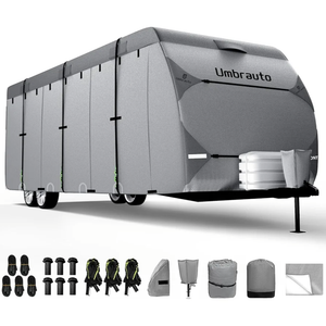 RV Cover Fits 33-35ft Travel Trailer: Waterproof Camper Cover for Toy Hauler, Winter Campsite, with Gutter Covers, Tongne Jack Covers, Windproof Straps