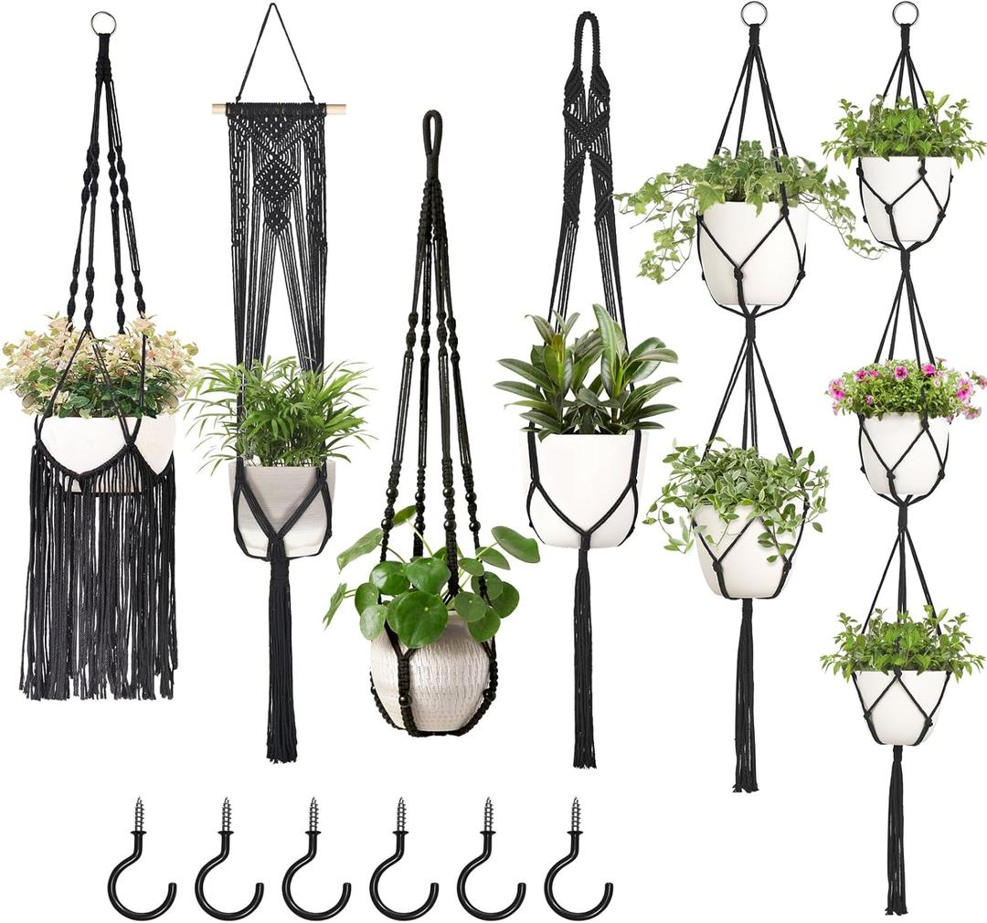 Mkono Macrame Plant Hangers, 6 Pack Indoor Hanging Planters for Plants with 6 Hooks Decorative Hanging Basket Flower Pots Holder Stand in Different Sizes for Modern Home Decor, Black