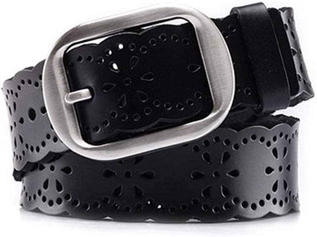 JASGOOD Women's Hollow Flower Genuine Leather Belt for Jeans Pants Wide Belt for Ladies (Black-)