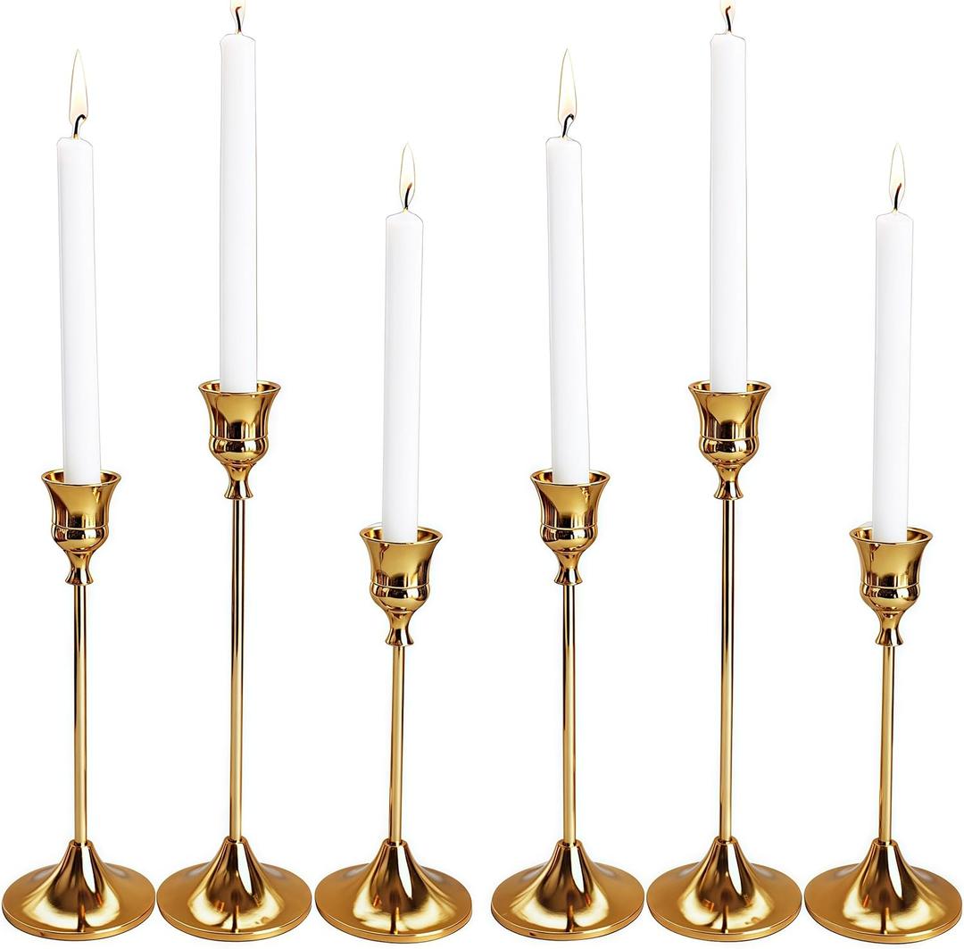 6 PCS Candlestick Holders Taper Candle Holders, Tall Candlestick Holders Brass Golden Candle Stick Holder for Party Fireplace Dining Table