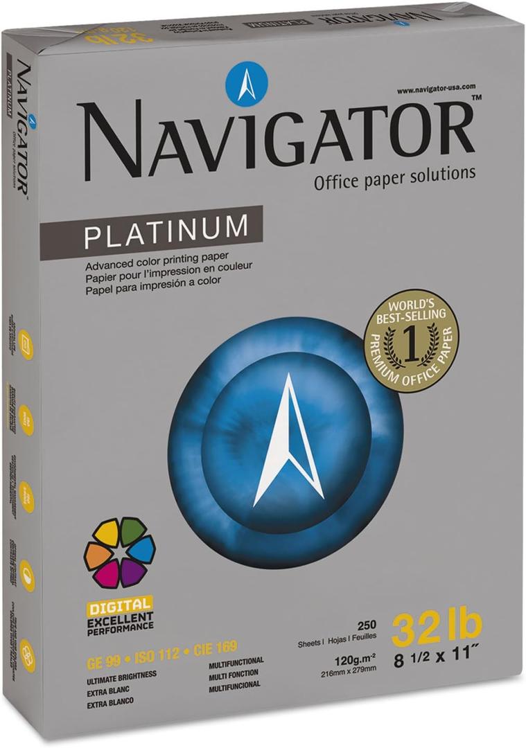 Navigator Platinum Paper, 99 Brightness, 32 lb., 8-1/2 x 11 Inches, White, 250/Pack (SNANPL1132PK)