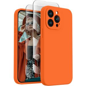 FireNova Designed for iPhone 15 Pro Case, Silicone Upgraded [Camera Protection] Phone Case with [2 Screen Protectors], Soft Anti-Scratch Microfiber Lining Inside, 6.1 inch, Neon Orange