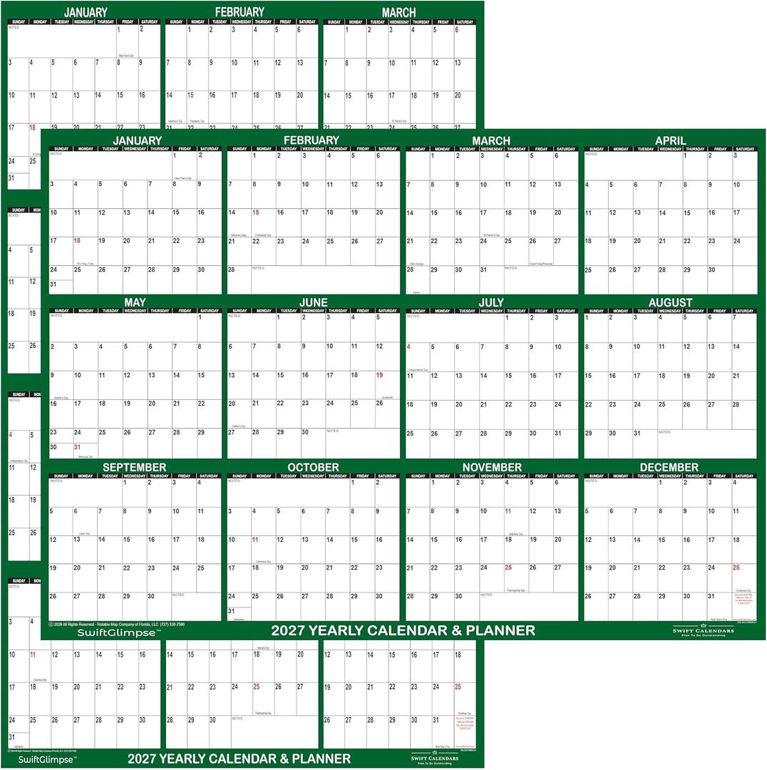 32" x 48" SwiftGlimpse 2027 Wall Calendar Erasable Large Wet & Dry Erase Laminated 12 Month Annual Yearly Wall Planner, Reversible, Horizontal/Vertical, GREEN