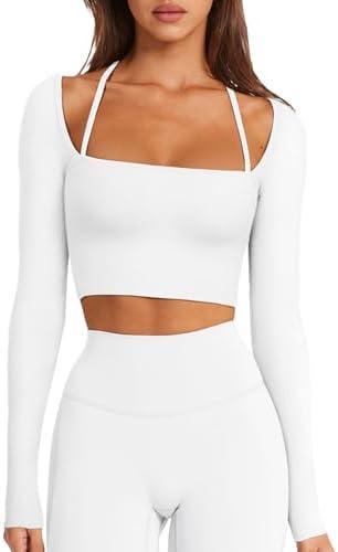 LASLULU Womens Sexy Square Neck Crop Top Ribbed Seamless Long Sleeve Workout Tops Halter Neck Athletic Yoga L