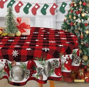 Christmas Tree Red Round Tablecloth 70 Inches, Xmas Pine Trees Snowflake Stars Decorative Dining Table Cloth, Winter Holiday Farmhouse Dinner Tablecover Picnic Party Decoration