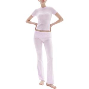 PUMIEY Women's 2 Piece Lounge Sets Short Sleeve Tops Fold-Over Flare Pants Casual Outfits Matching Set Nap Collection (Heather Pop), S