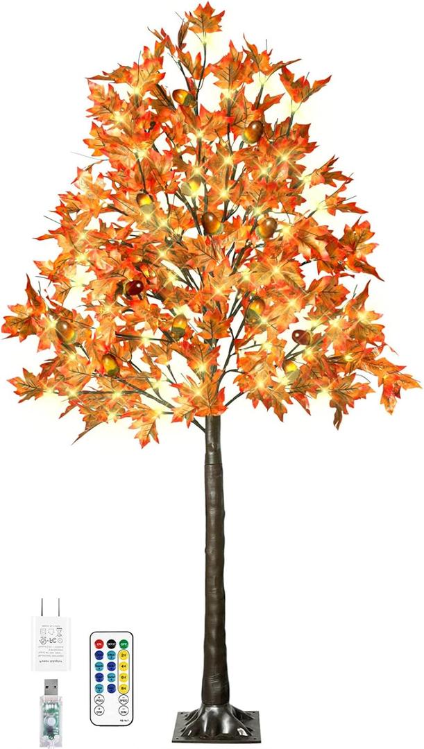 6FT 130 LED Lighted Maple Tree - Thanksgiving Decor Artificial Fall Tree with 13 Branches, 13 Acorns 260 Leaves, Remote 8 Flashing Modes, Timing, DC 5V Safe for Outdoor Wedding Party Autumn Decor