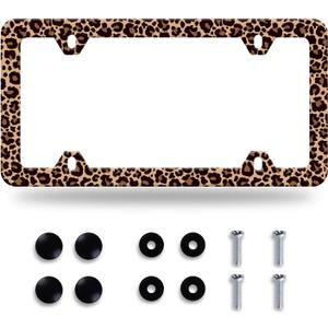 Brown Leopard License Plate Frame 1 Pack Stainless Steel Cheetah Leopard Brown Car License Plate Accessory Personalize Decor 12.3" X 6.3" with 4 Holes Screw for Men Women