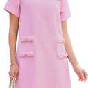 Wenrine Women's Tweed Mini Dress Crew Neck Work Office Elagant Formal Summer Short Sleeve A Line Dresses Pink