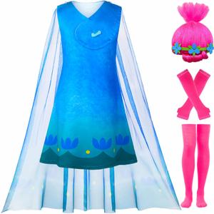 Kids Princess Poppy Dress Costume for Girls Cosplay Halloween Outfits Dress Up Birthday Party with Wig, Size: 140 (8-9 Years)
