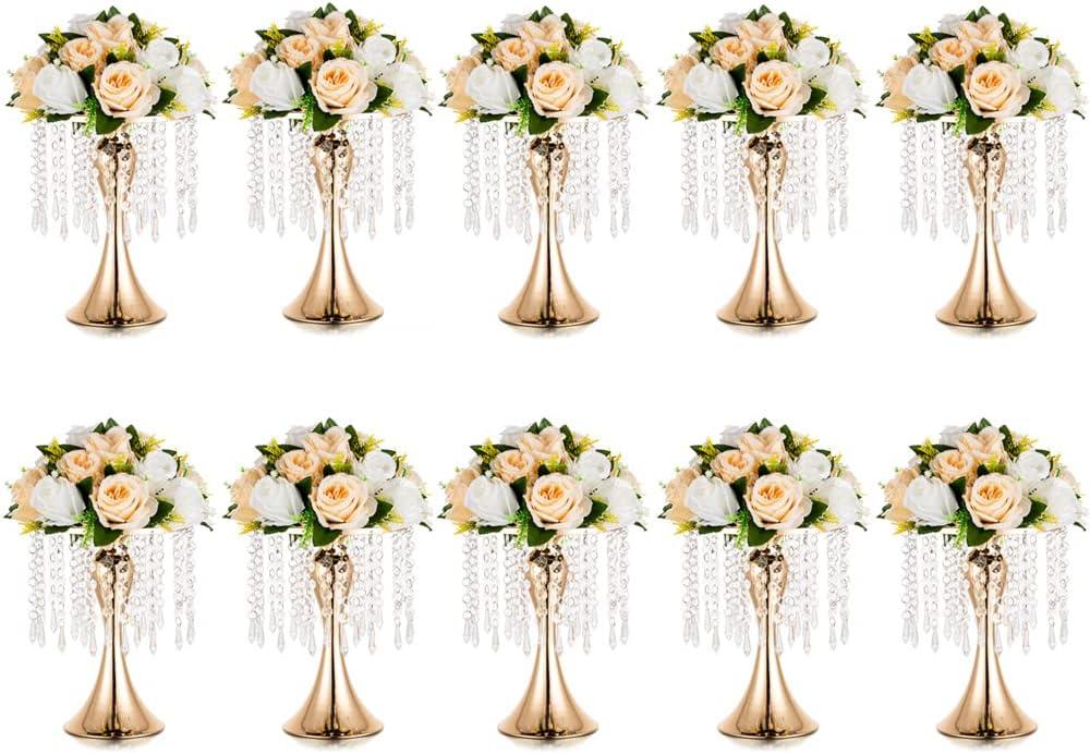 Gold Vases for Centerpieces, 10.2in Crystal Flower Arrangement Stand, Wedding Centerpieces for Tables, Tall Metal Flower Vase Holders for Wedding, Event, Reception, Birthday, Home Decor, 10 Pcs