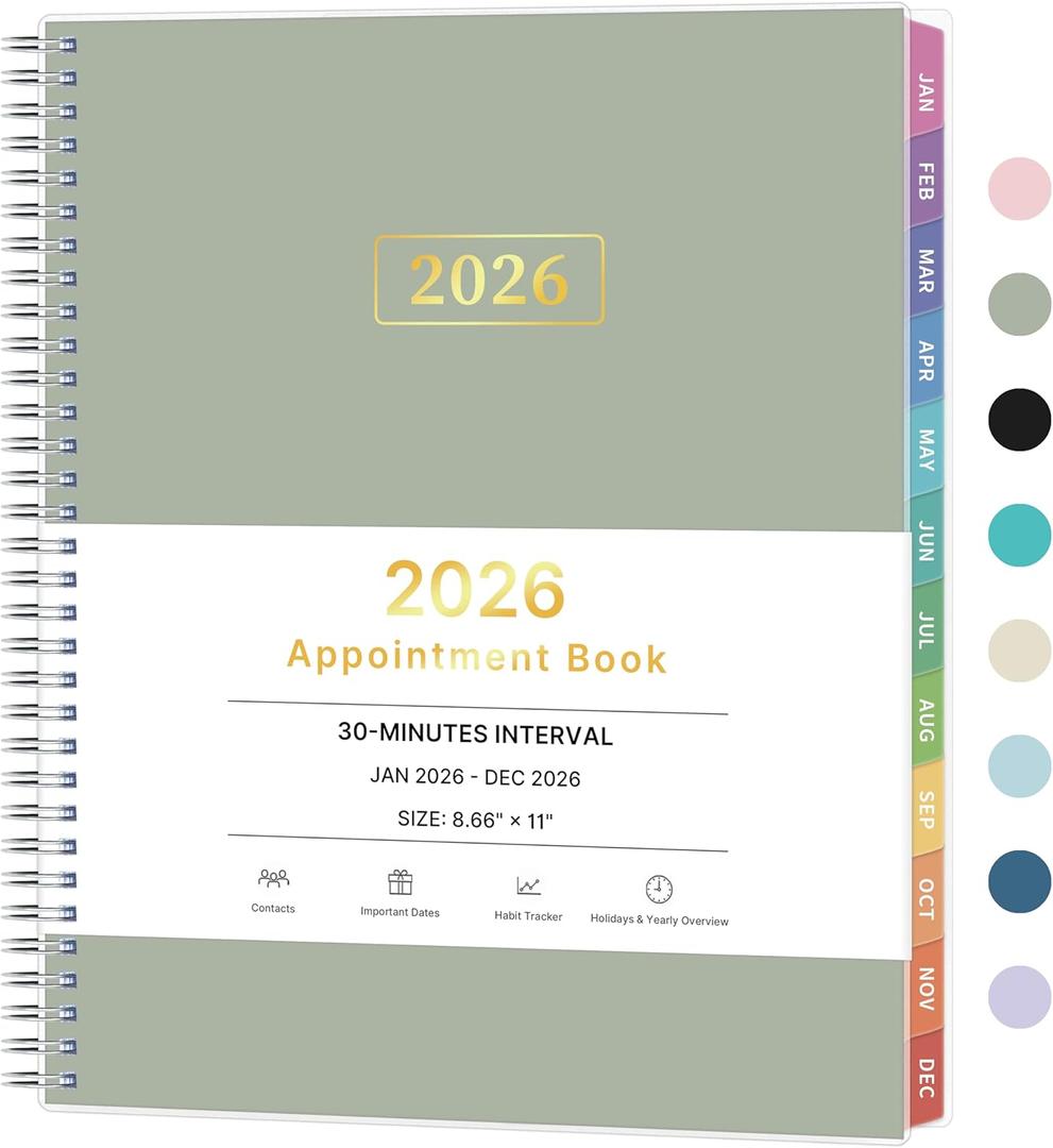 4 x 2026 Appointment Book, 30 Minutes-Hourly, Weekly  Monthly Calendar Planner 2026, Jan 2026 - Dec 2026, 8.5'' x 11'', 2026 Daily Planner with Tabs Pocket, Flexible Cover, Great for Office, Home, School (Pea Green)
