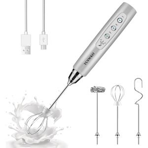 YUSWKO Rechargeable Milk Frother Handheld with 3 Heads, Silver Coffee Electric Whisk Drink Foam Mixer, Mini Hand Stirrer with 3 Speeds Adjustable for Latte, Cappuccino, Hot Chocolate, Egg