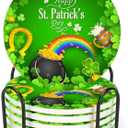 Drink Coasters for Drinks Set of 6, St Patricks Day with Clover Leaf Rainbow Absorbent Round Ceramic Stone Mat Coaster, with Cork Base and Metal Holder, Home Bar Decor House Warming Gift