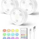 EZVALO Puck Lights with Remote,1200mAh Rechargeable Tap Light,RGB Display Lighting, Wireless Closet Light,Under Cabinet Lighs,Sitck On Lights for Halloween decorations, Kitchen,Closet,Shelves(3 Packs) (White)