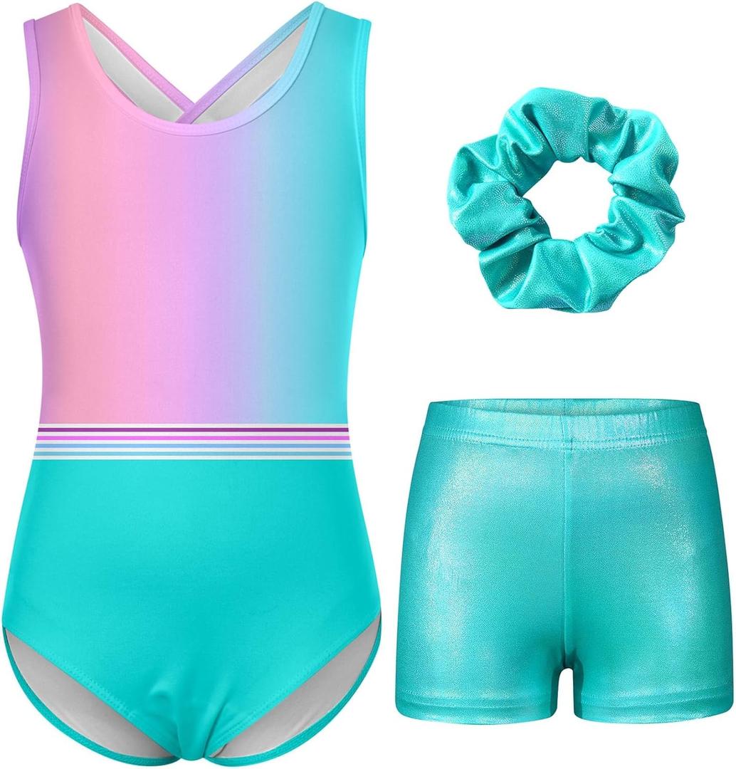 Idgreatim Gymnastics Leotards for Girls Sparkly Unitards Biketards Tumbling Shorts Activewear 5-12 Years (Blue Tie Dye)