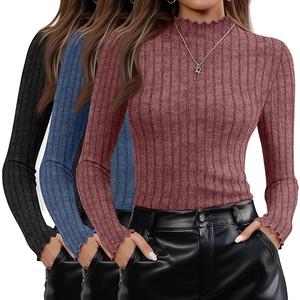 Oakgarden 3 Pack Women's Mock Neck Sweater Long Sleeve Ribbed Knit Slim Fitted Tops Lettuce Trim Lightweight, Medium