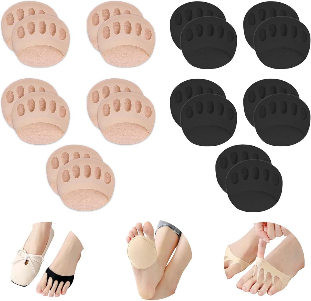 Ball of Foot Cushions Honeycomb Fabric Metatarsal Pads Invisible Socks Pads for Women and Men Reusable Forefoot Pads (5 Pairs-Beige /5 Pairs-Black)