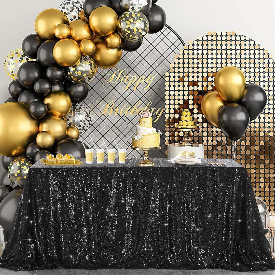 B-COOL Seamless Sequin Table Cloth Black Glitter Design Table Cloth Wedding Overlay Birthday Party Tables Decoration Fabric 90x132-inch (Black)