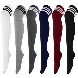 DRESHOW 6 Pairs High Thigh Socks Striped Over Knee Thin Tights Long Stocking for Women Leg Warmer (6 Pairs: Wine Red, Navy, Black, White, Light Gray, Gray) One Size