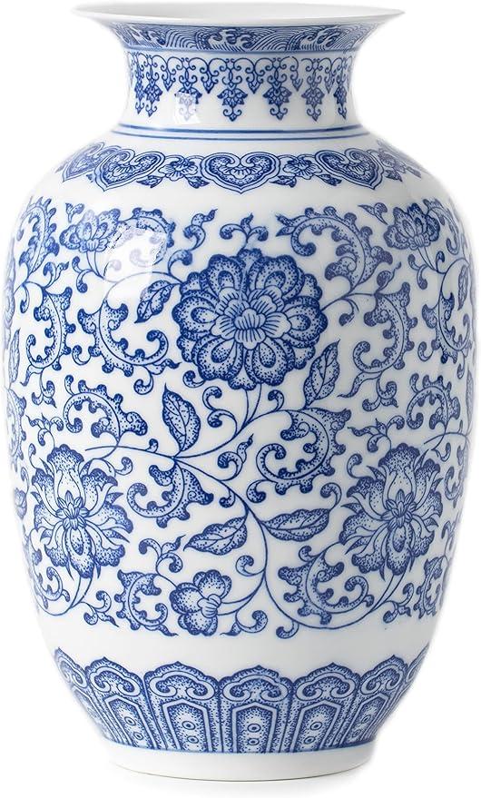 Blue and White Vase, Blue Vases Home Décor, Chinoiserie Vase, Blue and White Porcelain, Ceramic Vase for Home, Living Room, Bookshelf, Mantle Fireplace,Table Centerpieces