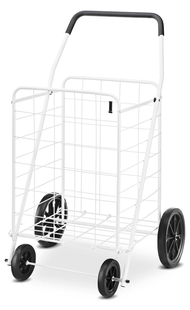 Whitmor Deluxe Utility Foldable Shopping Cart with Wheels, 100 Lb Capacity, Heavy Duty Grocery Cart with Steel Frame, Foam Handle, Rolling Folding Utility Trolley for Grocery, Laundry, Travel, White