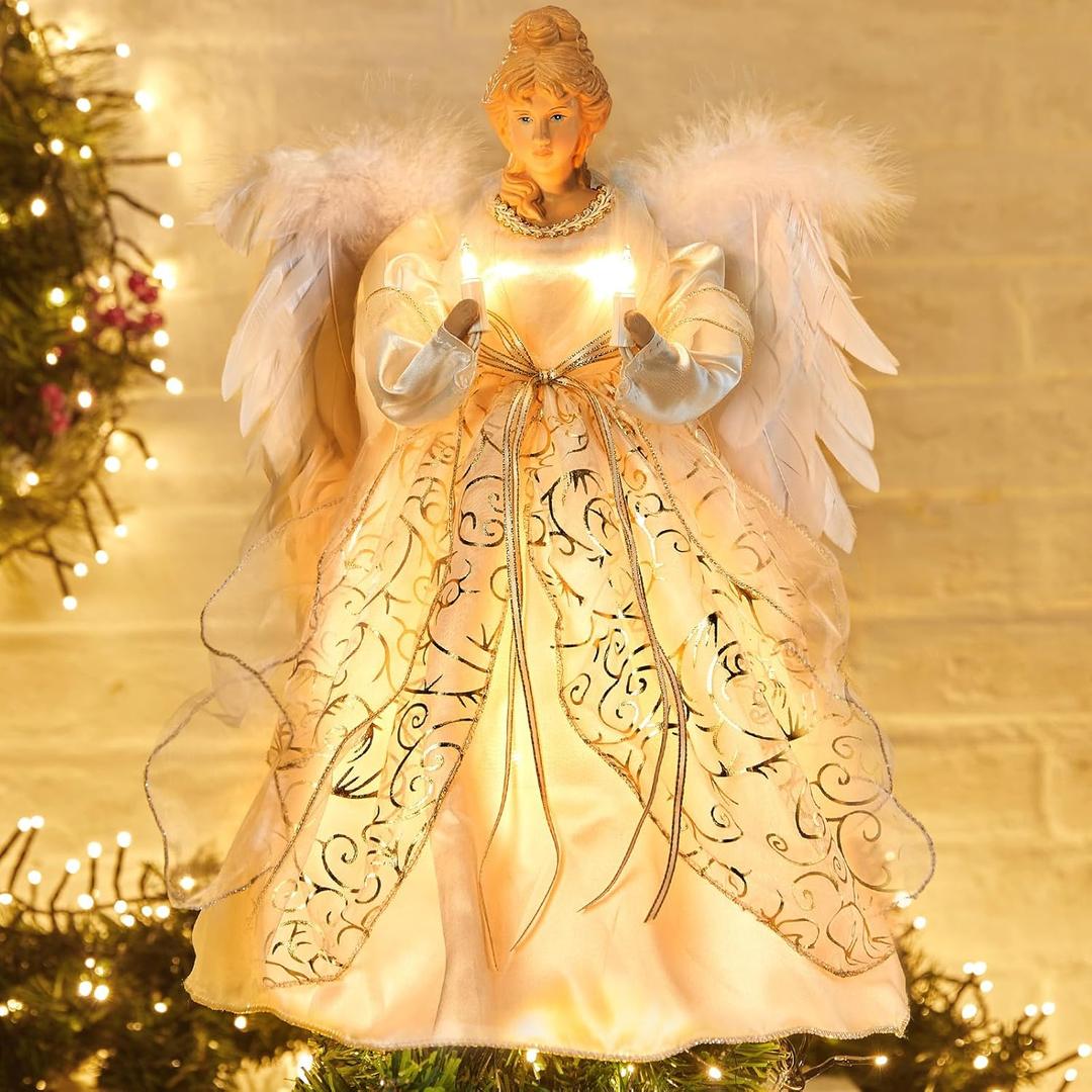 Christmas Angel Tree Topper with Feather Wings, Plug in Christmas Tree Ornament for Indoor Office Xmas New Year Holiday Tree Decoration (Angel_candle_white Gold)