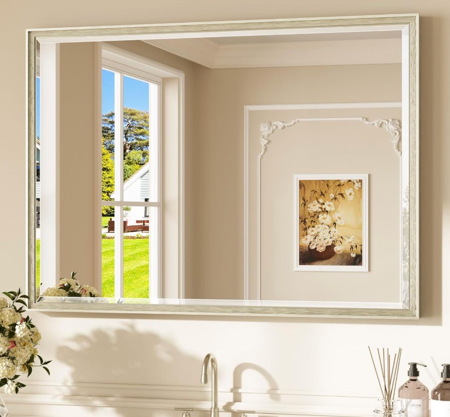 Keonjinn 40" x 30" Brushed Nickel Bathroom Vanity Mirror, Silver Bathroom Mirrors for Over Sink, Beveled Tempered Glass, Aluminum Alloy Frame, Decorative Wall Mirror for Living Room, Entryway, Bedroom