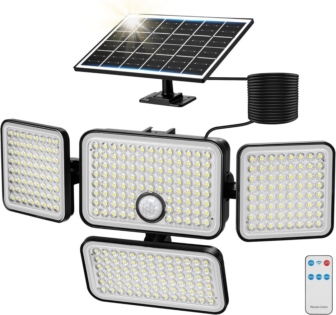 1PC 3000LM Solar Flood Lights Outdoor with Upgrade Solar Panel, 4 Head Motion Sensor Lights Flood Light with Extension Cord