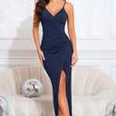 OWIN Women's Elegant V Neck Wrap Bodycon Maxi Dress Spaghetti Strap Ruched Side Slit Formal Wedding Guest Evening Dress (Blue, S)