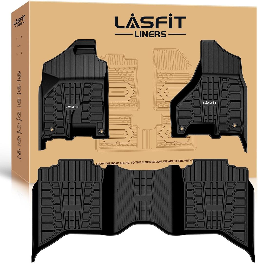 LASFIT Floor Mats 2013-2018 for Dodge Ram 1500/2500/3500 Crew Cab, 2019-2024 for Dodge Ram 1500 Classic Crew Cab 4 Full Size Doors All Weather TPE Custom Fit Car Mats Floor Liners 1st & 2nd Row, Black