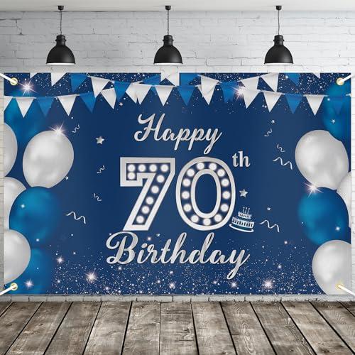 JOYKY Happy 70th Birthday Banner, Blue Silver Happy 70th Birthday Party Decorations for Men Him, 70 Year Old Birthday Supplies Backdrop Décor, 5.9 X 3.8 Fts
