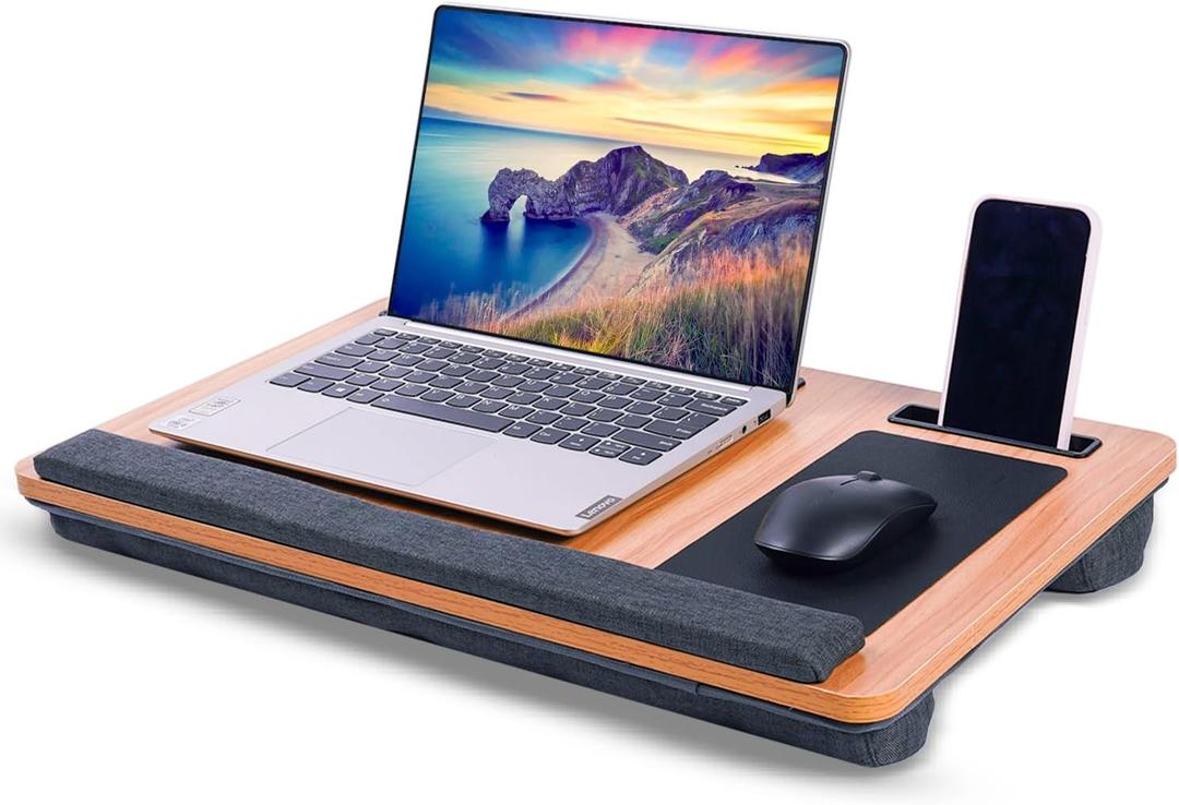 Laptop Tray  Home Office Lap Desk with Built-in Mouse Pad, Wrist Rest & Phone Holder, Portable Laptop Stand with Cushion, Tablet Slot & Carry Handle, Ideal for Bed & Workspaces (Walnut)