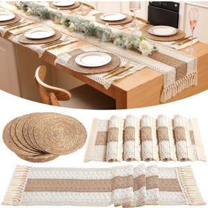 Boho Placemats 4/6/8 Set of Round Woven Placemat Macrame Style Bicolor Stitching Long Table Runner Farmhouse Rustic Natural Burlap Cotton for Kitchen Dining Table(6 Sets,Brown,12x72)