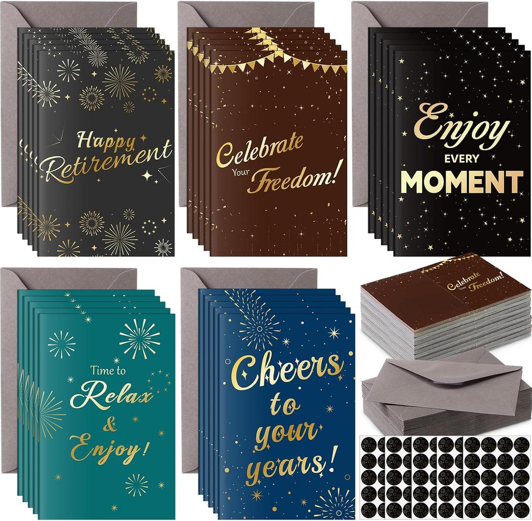 Motiskyy 100 Sets OT Month Retirement Cards with Envelopes and Stickers Blank Inside Funny Card 5 Style Greeting Card Designs