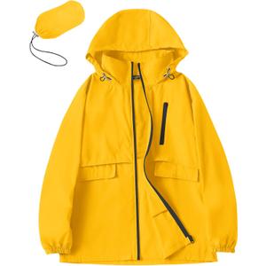 Avoogue Rain Jacket Women with Hooded Lightweight Waterproof Raincoats Packable Zipper Pockets Windbreakers, Large, Yellow