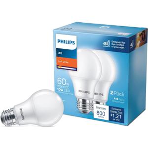 Philips LED Basic Frosted Non-Dimmable A19 Light Bulb - EyeComfort Technology - 800 Lumen - Soft White (2700K) - 10W=60W - E26 Base - Indoor - (2-Pack, 4 Counts)