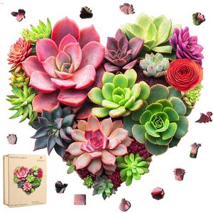 Ruikiyart Wooden Puzzles for Adults 500 Pieces,Heart Succulent Jigsaw Puzzles for Adults Mom Grandmother,Unique Shaped Flower Plant Liberty Puzzles,Fun Challenging Family Games Gifts,17.3"x18.4"