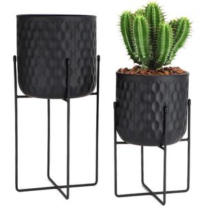TRIROCKS Set of 2 Planters with Stand Indoor Outdoor Metal Plant Stand 8 * 18 &7 * 12 "Modern Planters Flower Pots for Living Room Corner Kitchen Office Garden Balcony Patio Decor(Black)