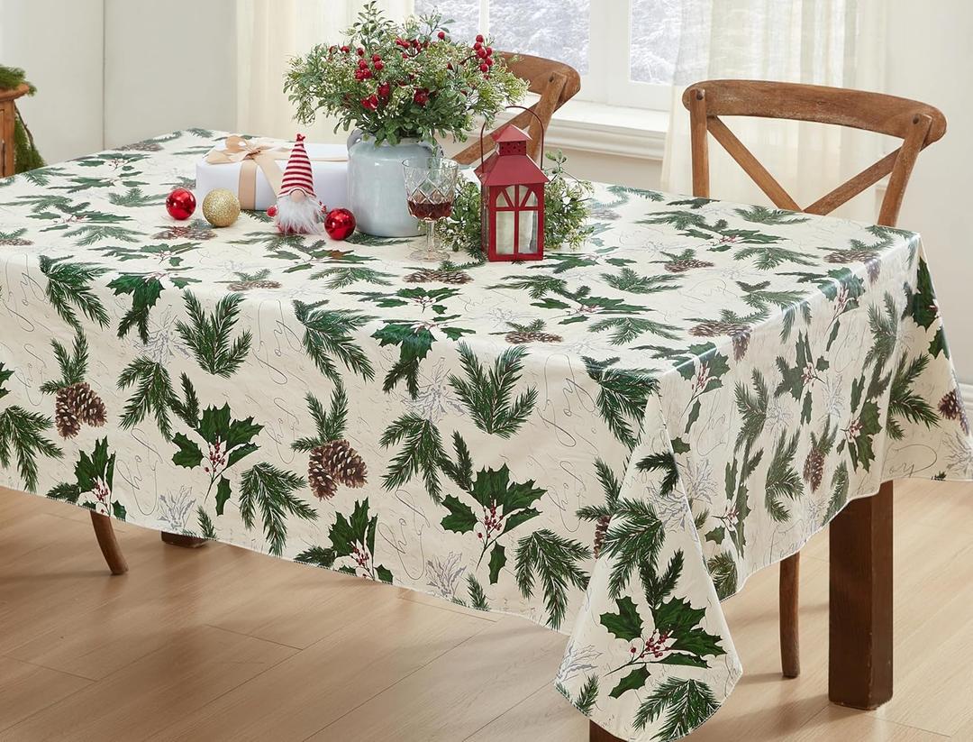 Newbridge Joyful Holly Rustic Christmas Vinyl Tablecloth with Flannel Backing, Holiday Dining Table Cover, Winter Holly & Berries, 52 x 52 Inch Square