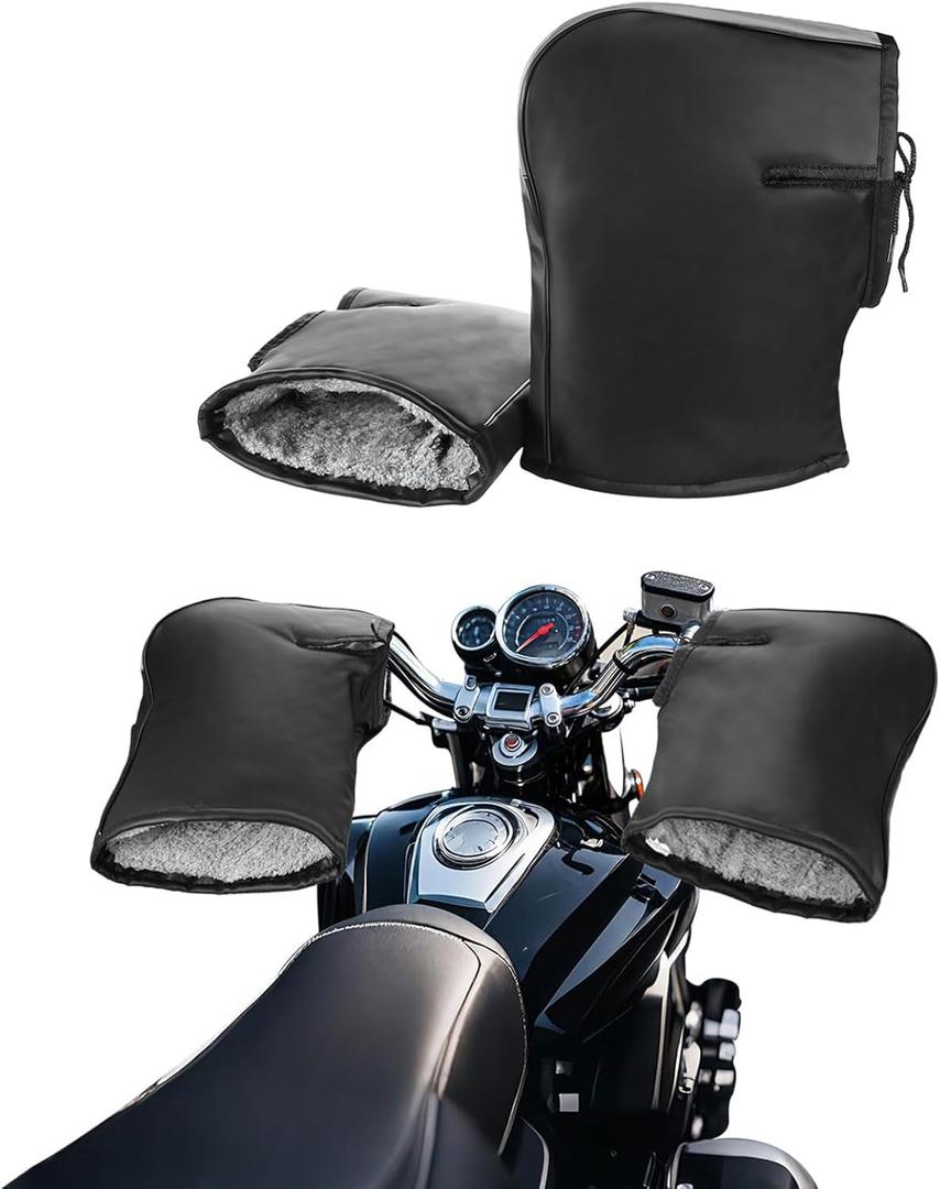 XGOPTS Universal Motorcycle Handlebar Gloves Muffs Winter Waterproof Windproof Leather ATV Motorbike Hands Warmers Thermal Snowmobile Scooter E-Bike Cycling Handle Grip Gloves with Reflective Strip (standard/ black)