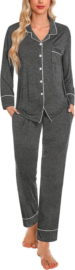 SWOMOG Womens Pajama Set Long Sleeve Button Down Sleepwear Soft Pj Loungewear with Pockets 2 Piece Nightwear (XX-Large, Deep Grey)