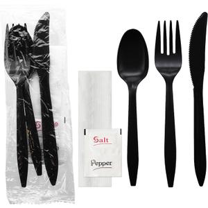 Party Essentials Individually Wrapped Plastic Cutlery Packets/Silverware Kits, Black Fork/Spoon/Knife/Napkin/Salt/Pepper, 100 Sets