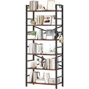 Homeiju 6 Tier Bookshelf, Industrial Bookcase with 8 Hooks, Vintage Storage Rack with Open Shelves, Rustic Standing Bookshelves Metal Frame Display Rack for Living Room, Bedroom, Rustic Brown