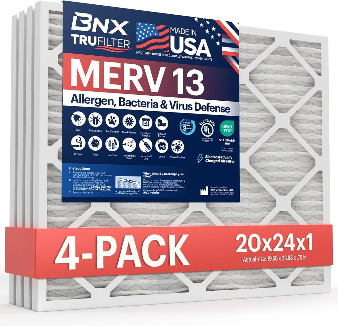 BNX TruFilter 20x24x1 Air Filter MERV 13 (4-Pack) - MADE IN USA - Electrostatic Pleated Air Conditioner HVAC AC Furnace Filters for Allergies, Pollen, Mold, Bacteria, Smoke, Allergen, MPR 1900 FPR 10