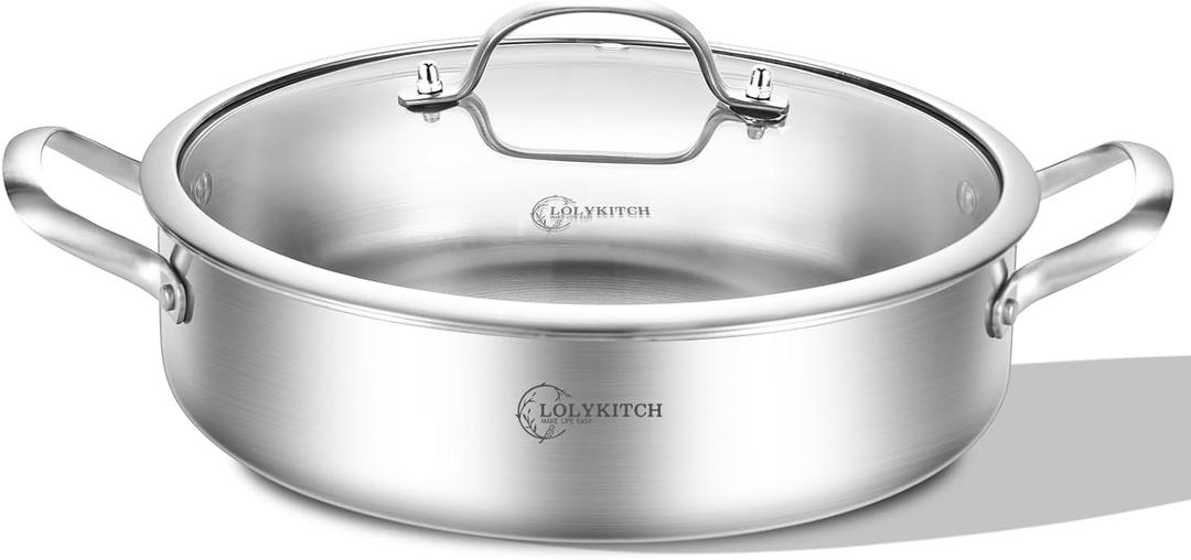 LOLYKITCH 7 Quarts Tri-Ply Stainless Steel Saut Pan with Lid,12 Inch Deep Frying Pan,Large Skillet,Jumbo Cooker,Induction Pot,Dishwasher and Oven Safe.